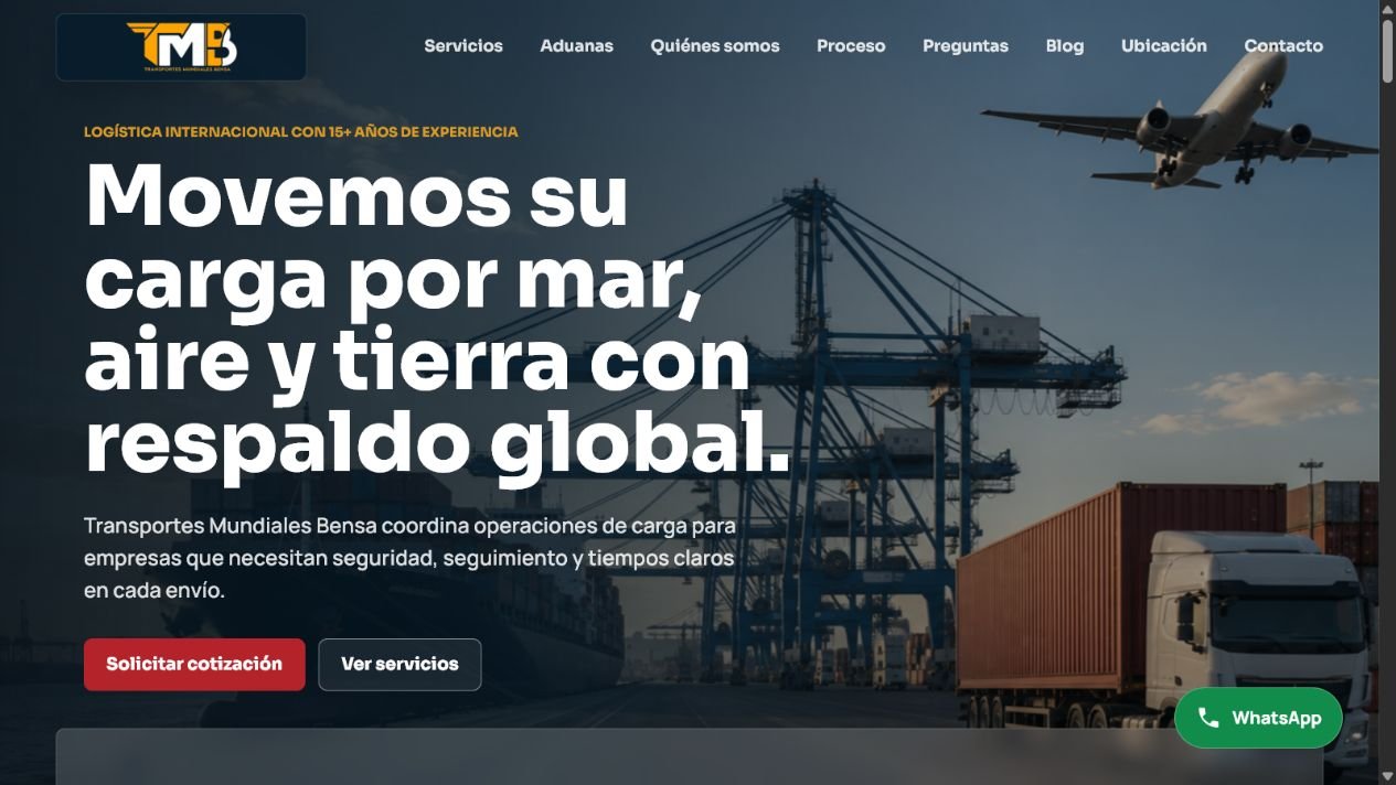 Captura del sitio web de Transportes Mundiales Bensa